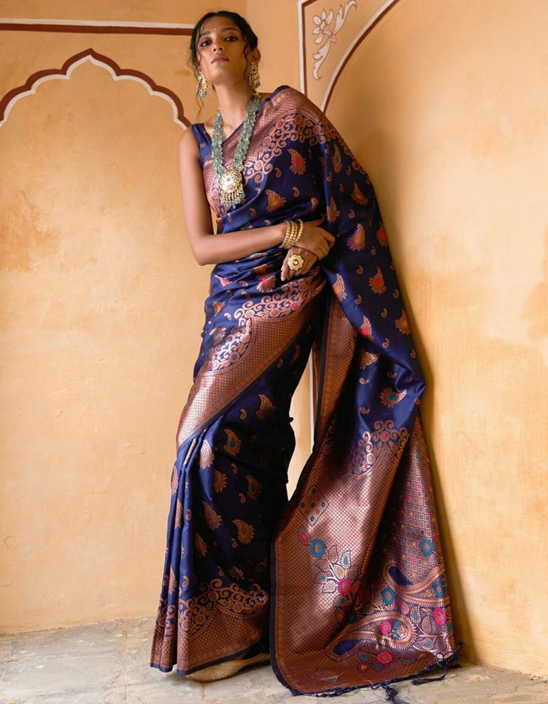 Royal Blue Silk Saree with Copper-Gold Border
