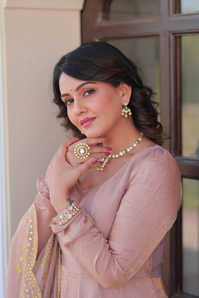 Dusty Rose Silk Tissue Flared Anarkali Suit Set