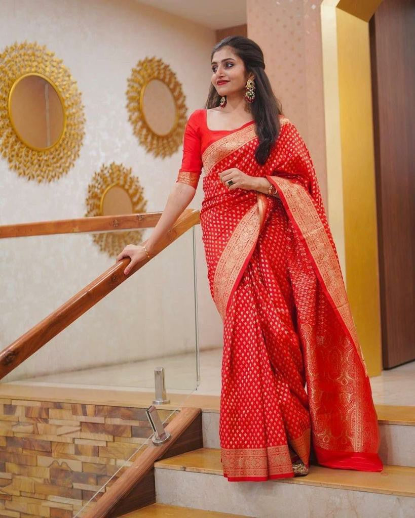 Red Silk Saree with Gold Zari Polka Motifs & Rich Border