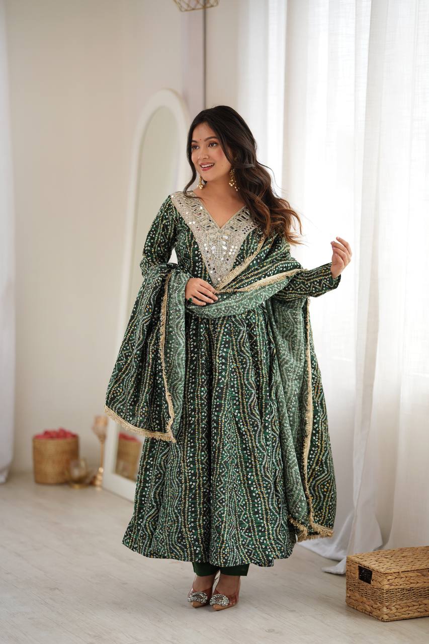 Bandhani Print Silk Flared Anarkali Suit Set with Heavy Mirror Work V-Neckline