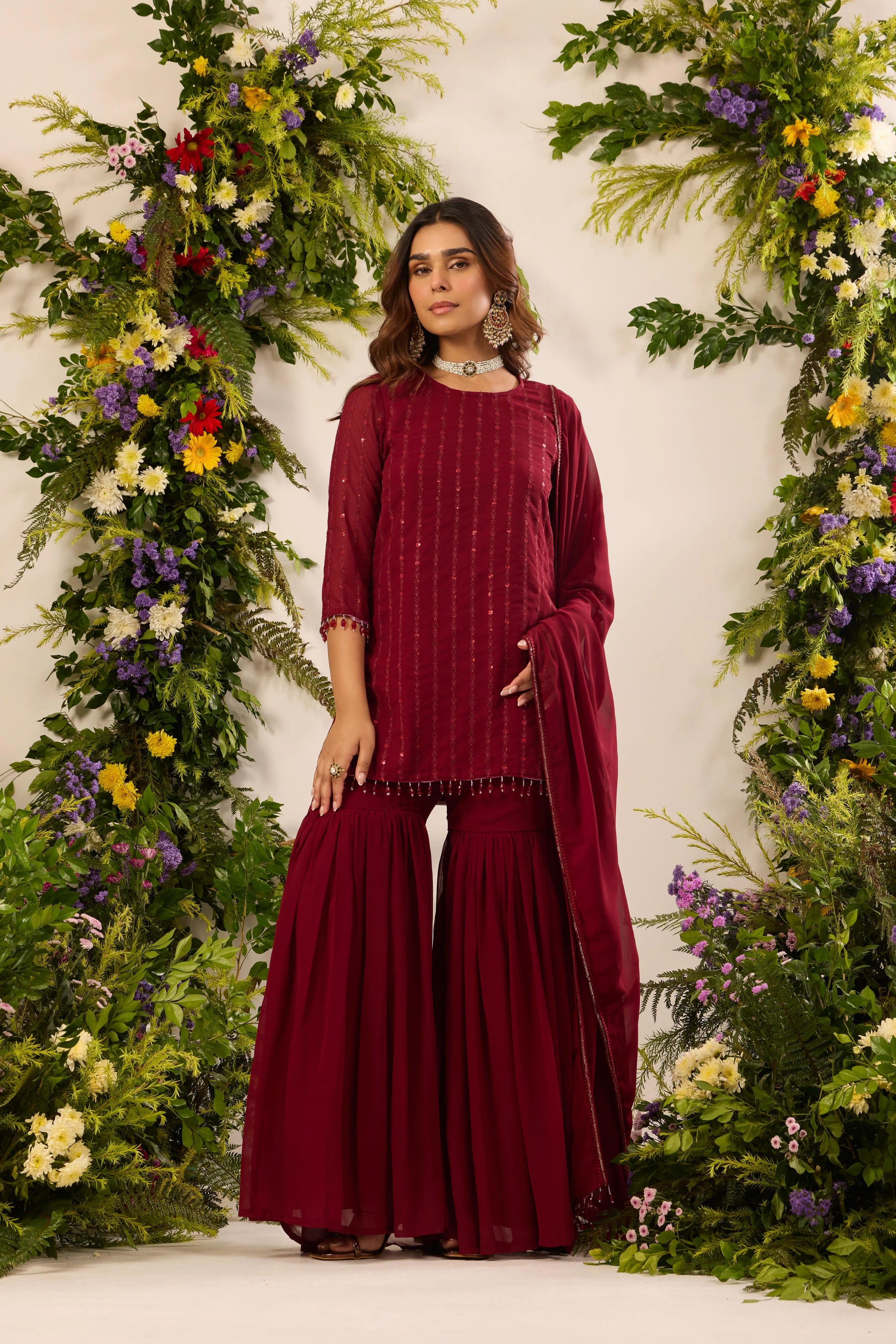 Elegant Maroon Georgette Sequin Embroidery Kurti with Pleated Sharara Pants & Matching Dupatta Set for Women