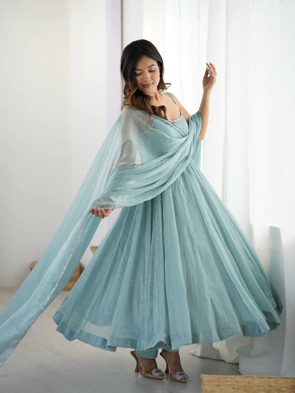 Ethereal Powder Blue Strappy Anarkali Kurti with Chooridaar & Light Sequined Tissue Dupatta Set for Women