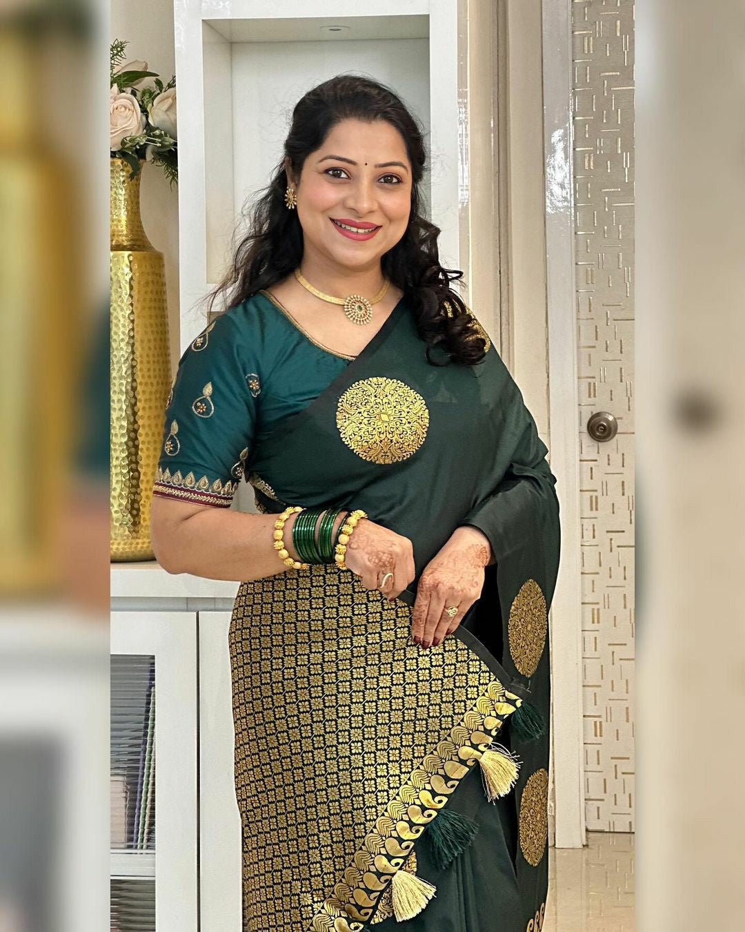 Green Banarasi Silk Saree with Bold Gold Buttas