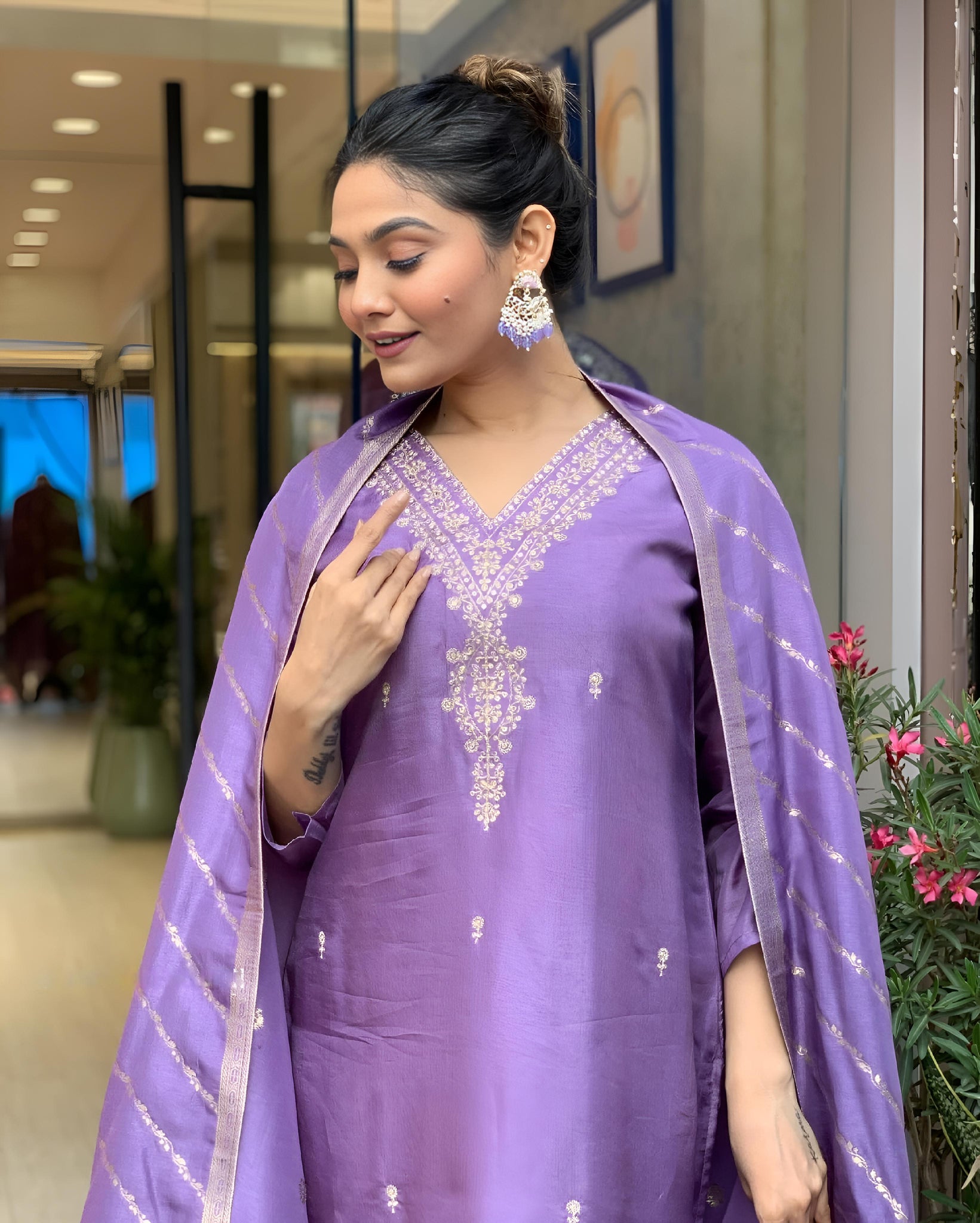 Embroidered V-Neck Thread Work Purple Kurta Set