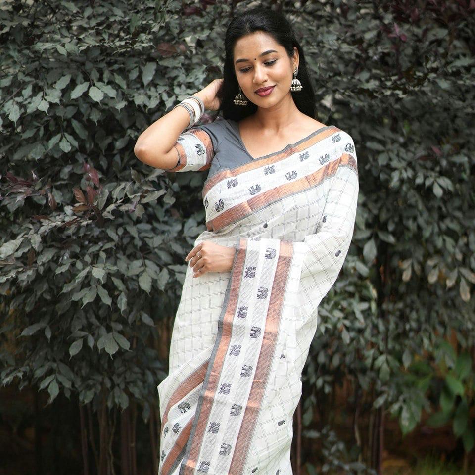 White Cotton Saree with Elephant Motifs