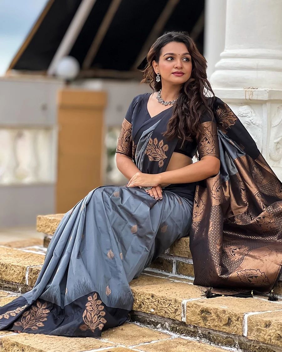Black & Grey Silk Saree with Copper Zari Border | Elegant Festive & Party Wear Saree