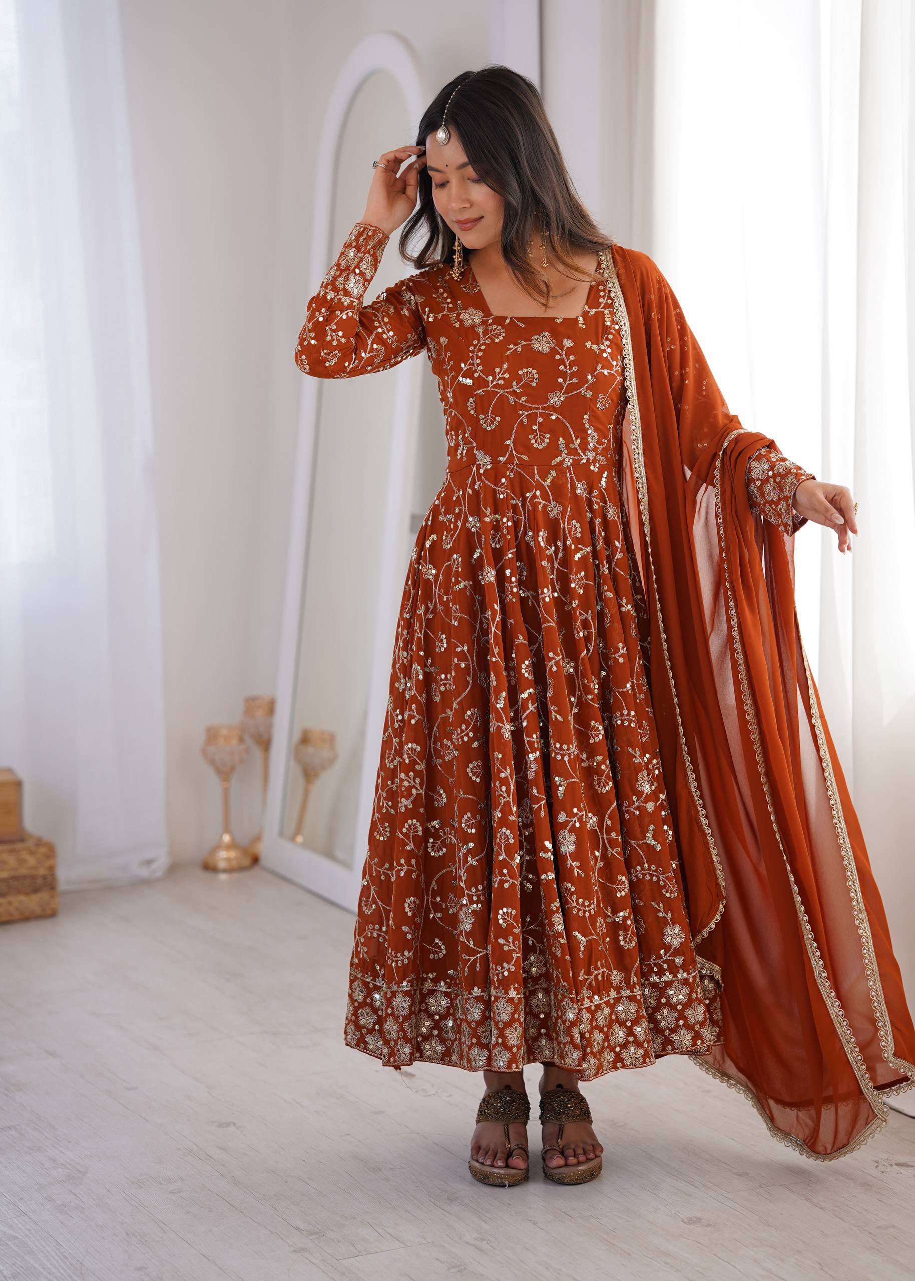 Rust Orange Sequined Floral Jaal Anarkali Suit Set with Georgette Dupatta