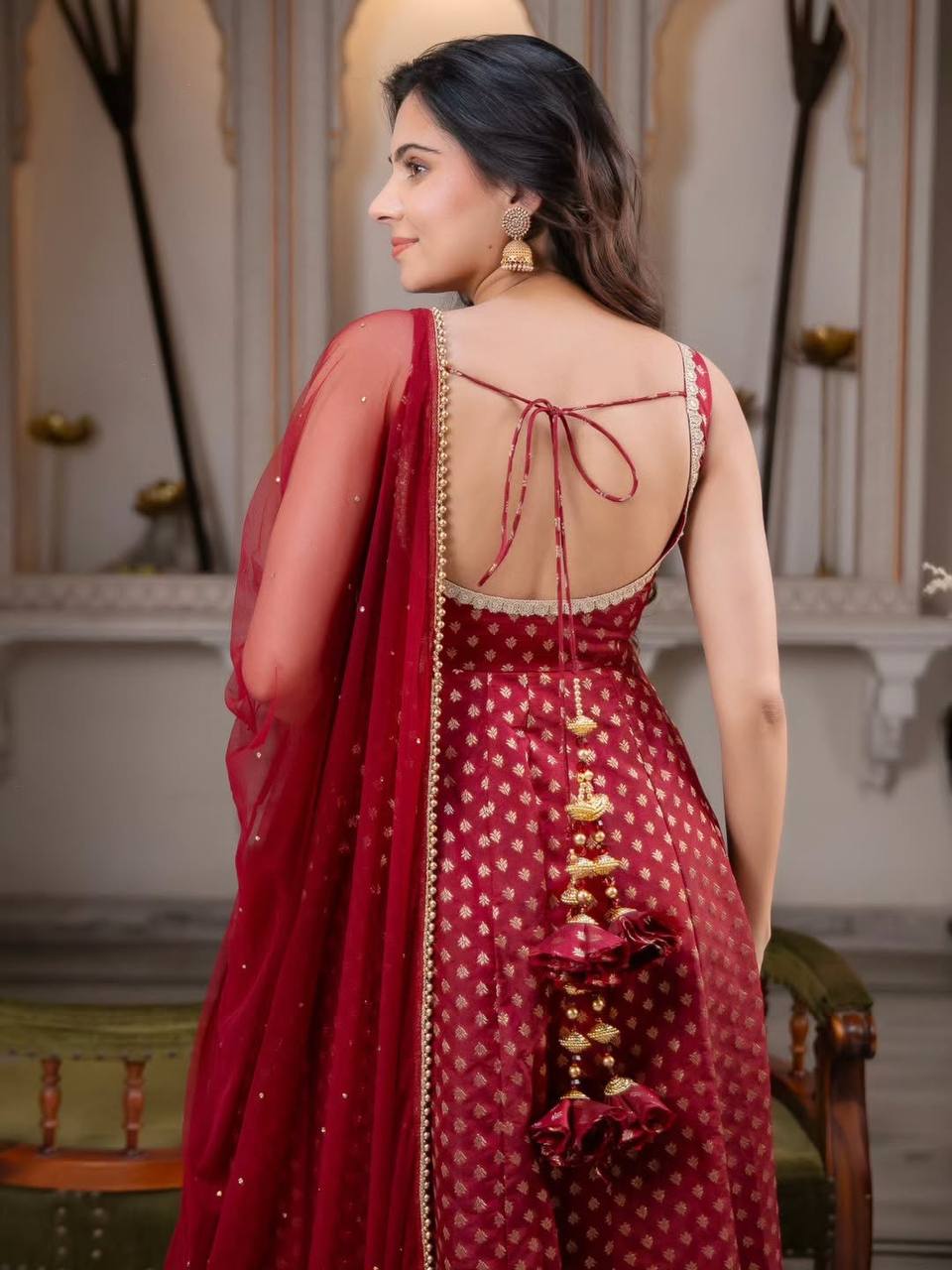 Stunning Maroon Red Banarasi Jacquard Booti Flared Anarkali Kurti with Straight Pants & Net Dupatta Set for Women