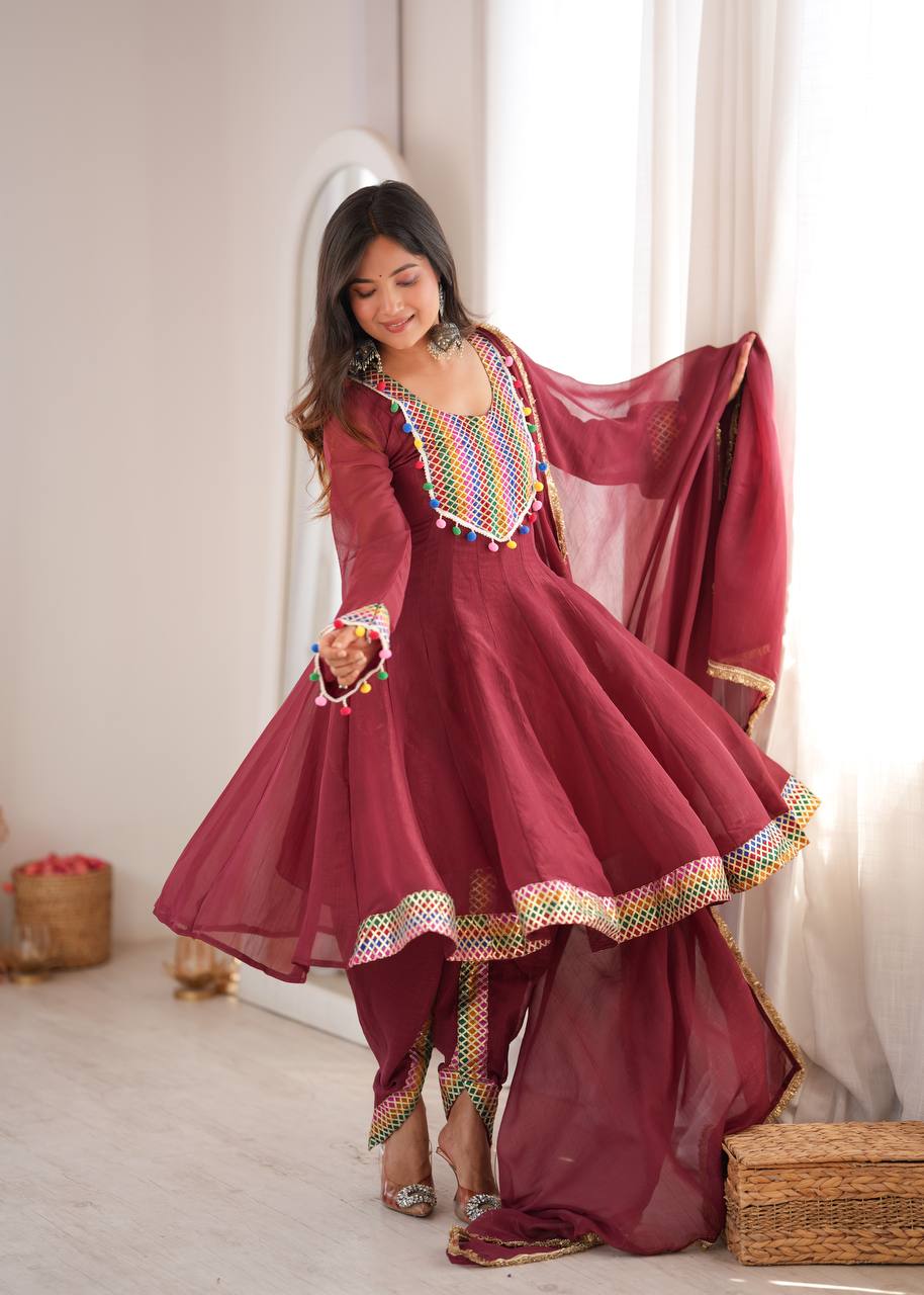 Maroon Anarkali Kurta Dhoti Pant Set with Lace & Pom-Poms