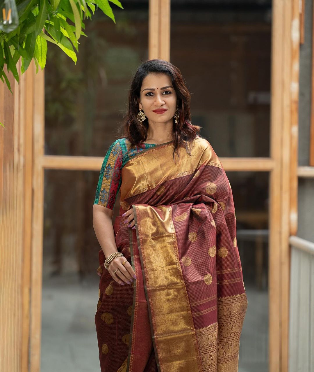 Maroon Silk Saree with Golden Zari Border