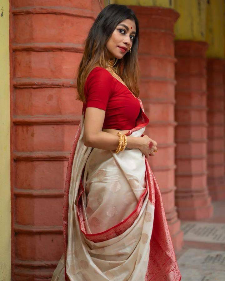 White Silk Saree with Red Border & Zari Work