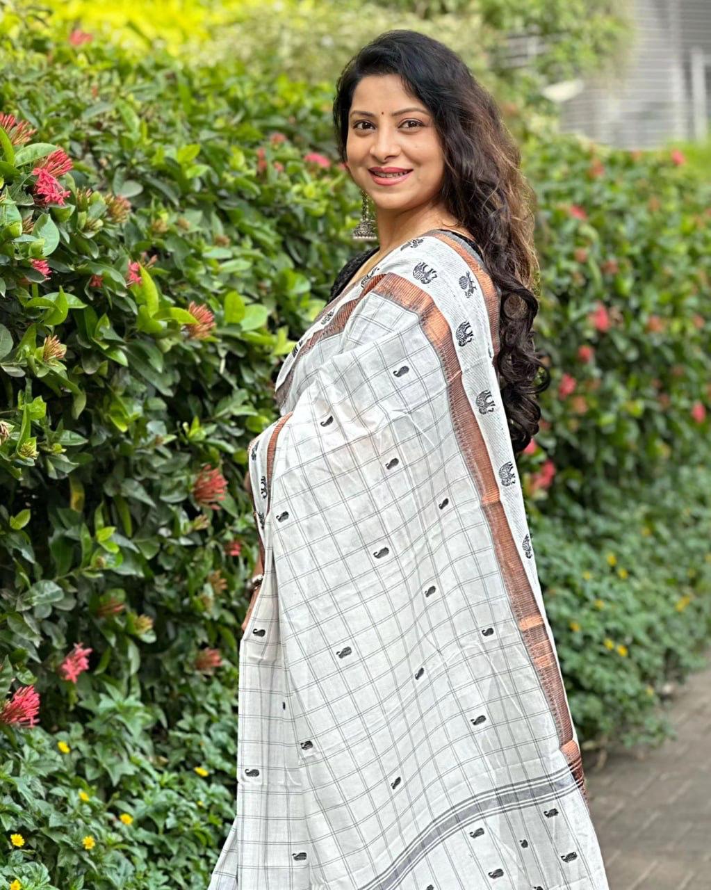 White Cotton Saree with Elephant Motifs