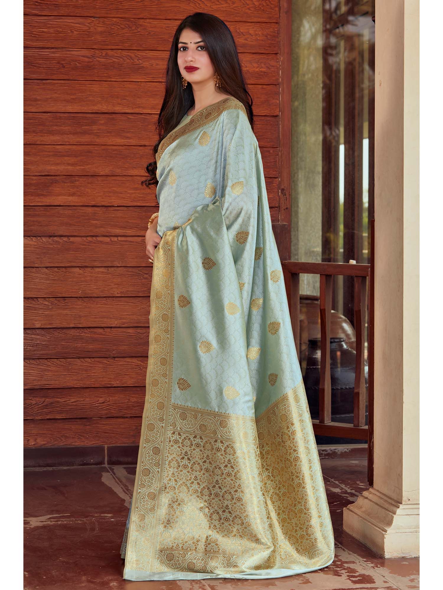 Pastel Mint Grey Silk Saree with Gold Zari Work
