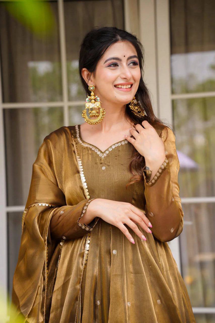 Luxurious Olive Gold Metallic Tissue Anarkali Kurti with Pants & Bordered Dupatta Set for Women