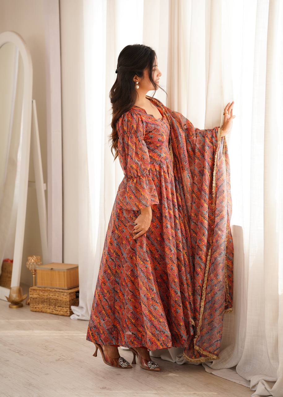 Rust Orange Floral Printed Anarkali Suit Set with Bell Sleeves & Dupatta