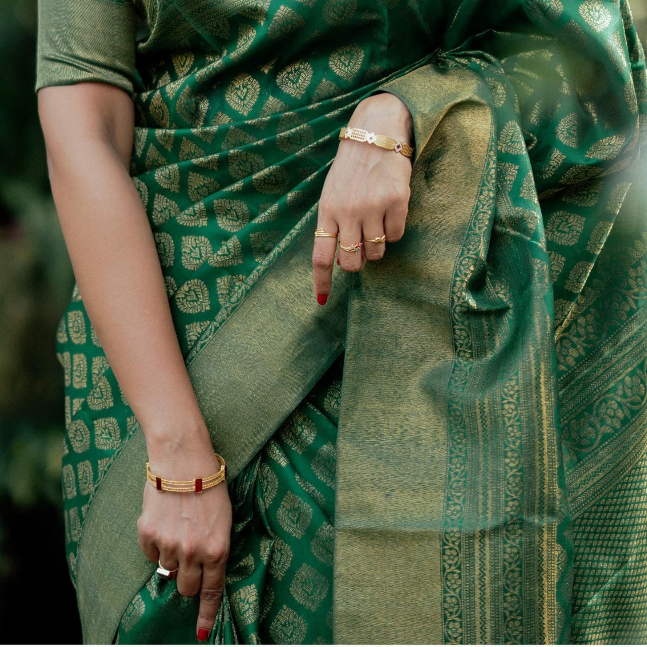 Green Silk Saree with Gold Zari