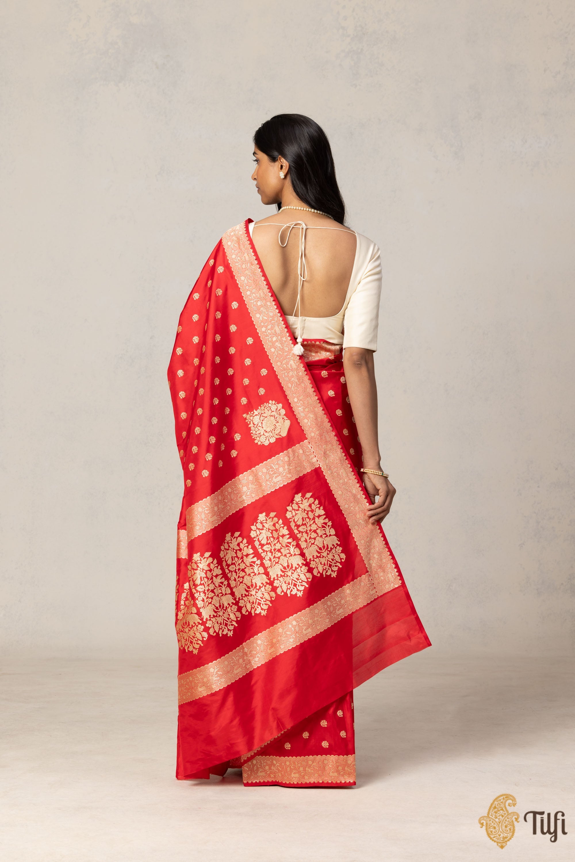 Red Banarasi Silk Saree with Gold Zari Motifs & Border