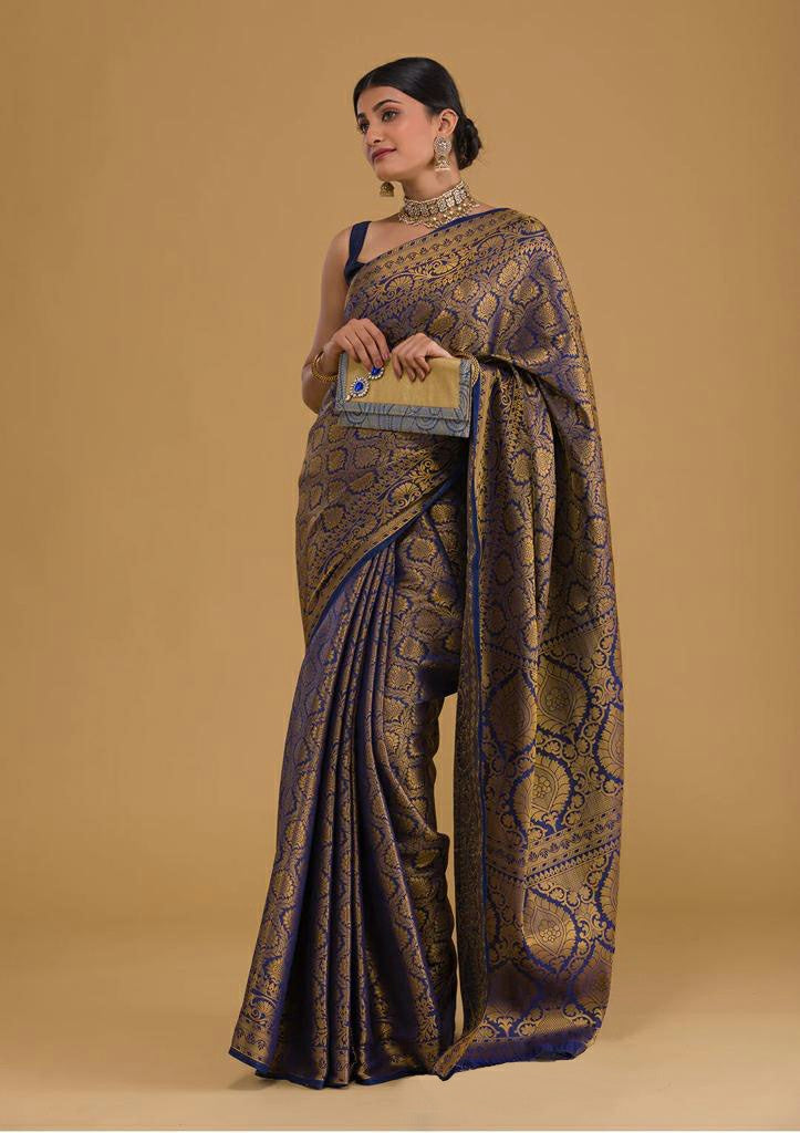 Navy Blue Banarasi Silk Saree with Gold Zari