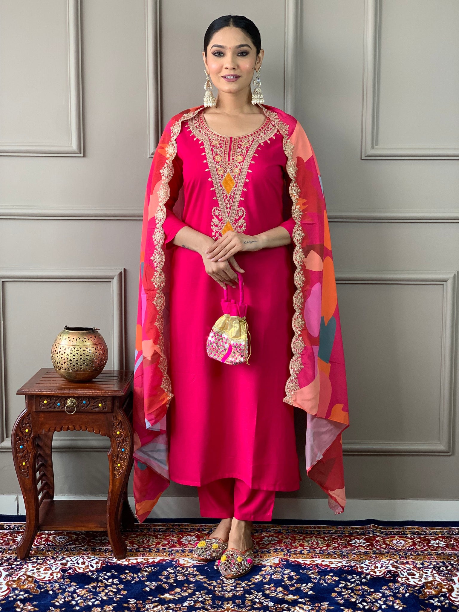 Pink Embroidery Straight Kurta Set