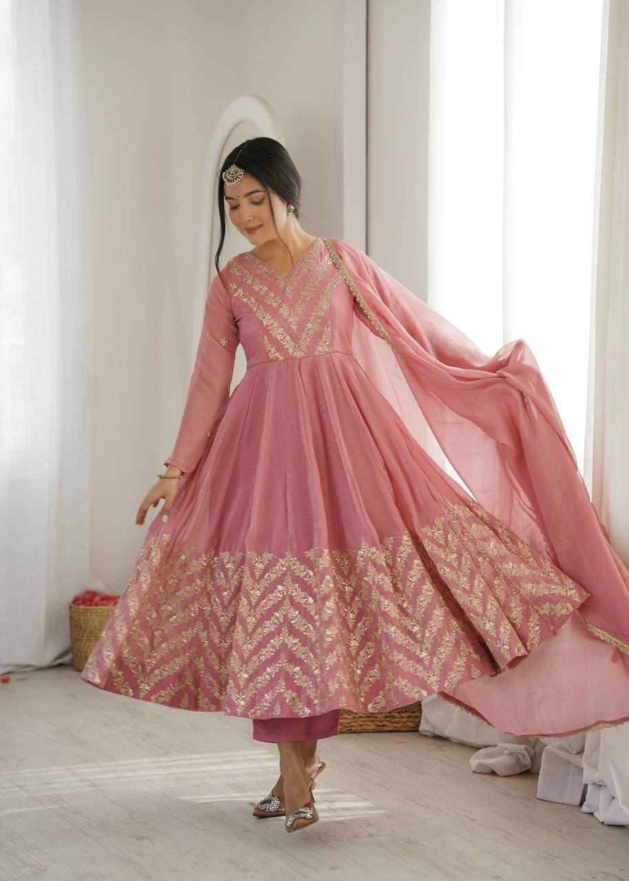 Graceful Salmon Peach Chevron Sequins Embroidered Flared Anarkali Suit Set with Organza Dupatta for Women