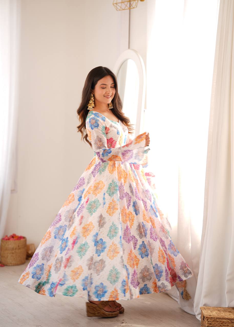 White Floral Printed Organza Anarkali Suit Set with Dupatta