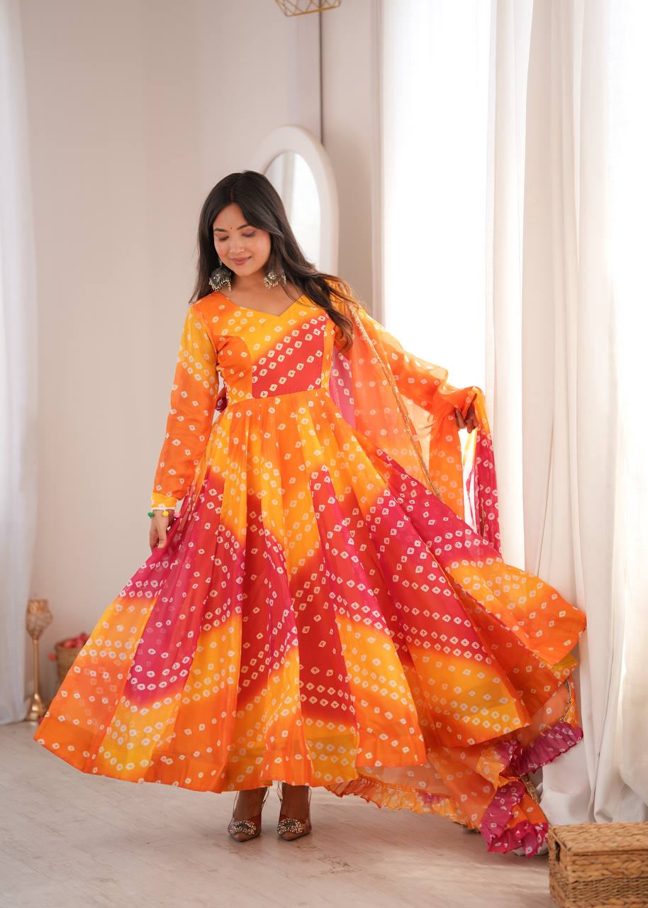 Yellow and Pink Bandhani Printed Anarkali Suit Set with Dupatta