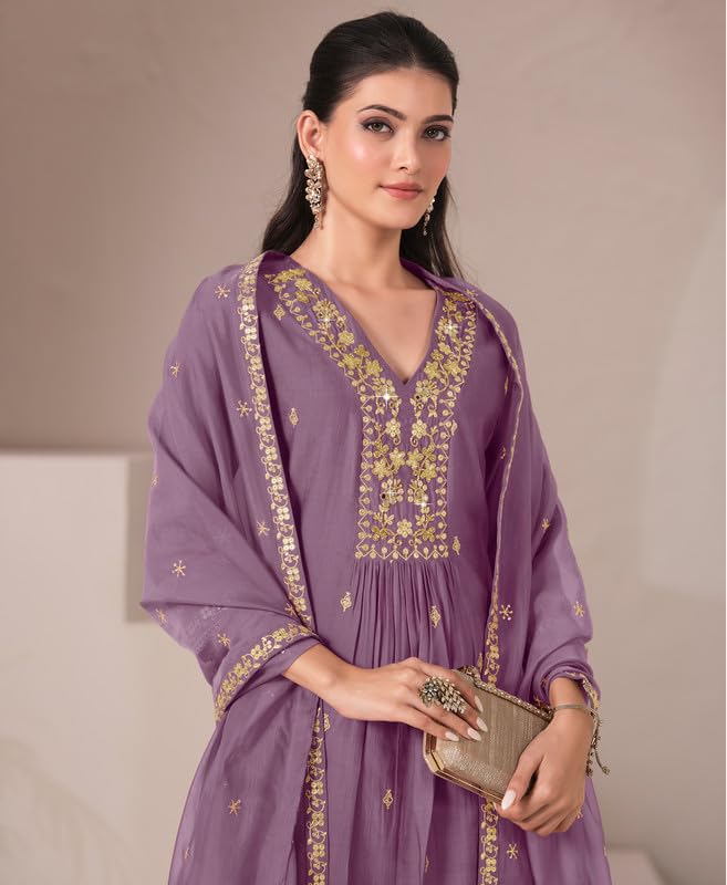 Lavender Embroidered Kurta Set with Dupatta for Women