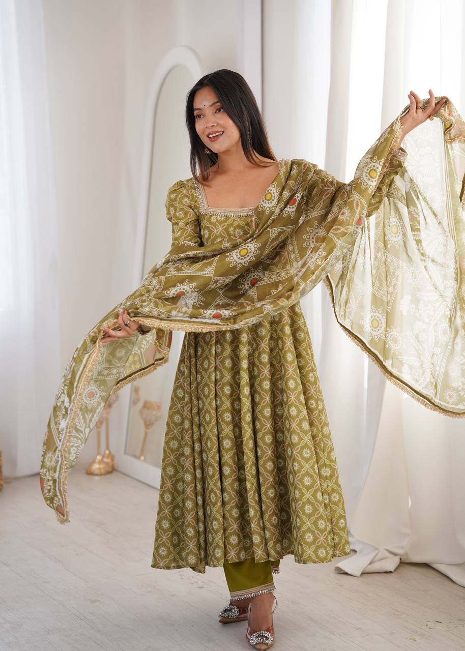 Olive Green Olive Printed Anarkali Suit Set with Lace Dupatta
