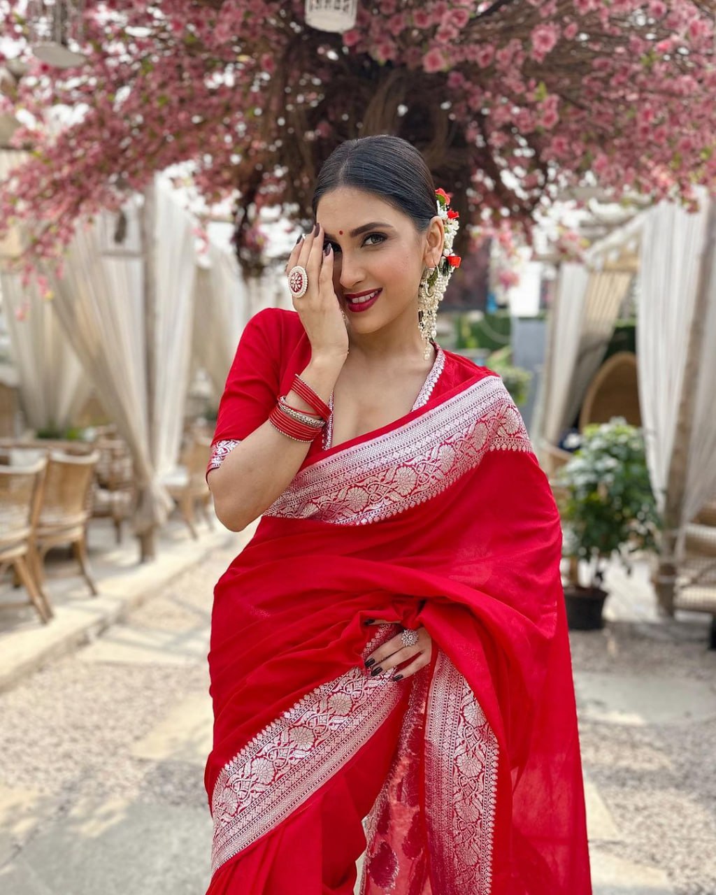 Bright Red Silk Saree with Silver Zari Border