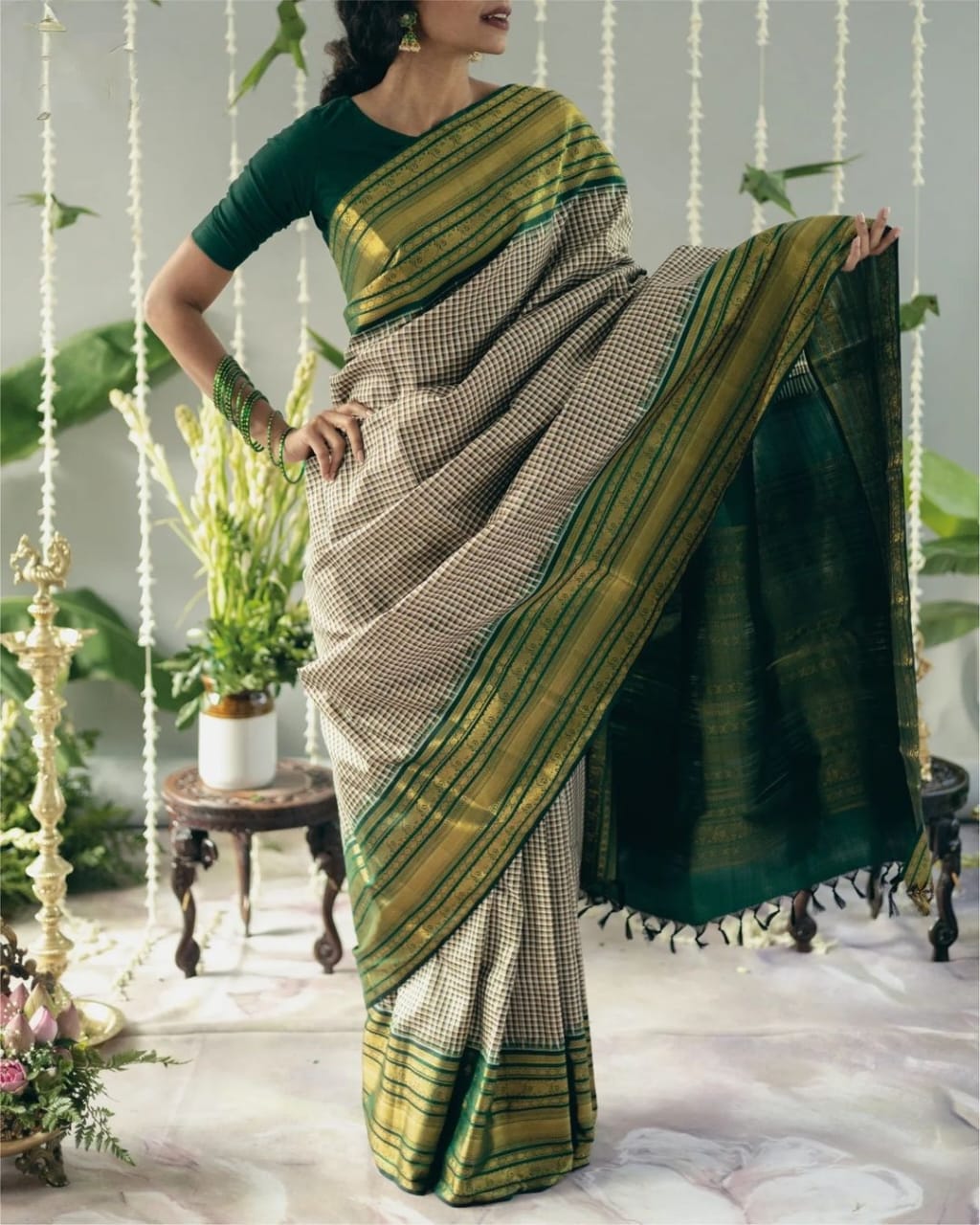 Green Cotton Saree with Beige Checks & Gold Border