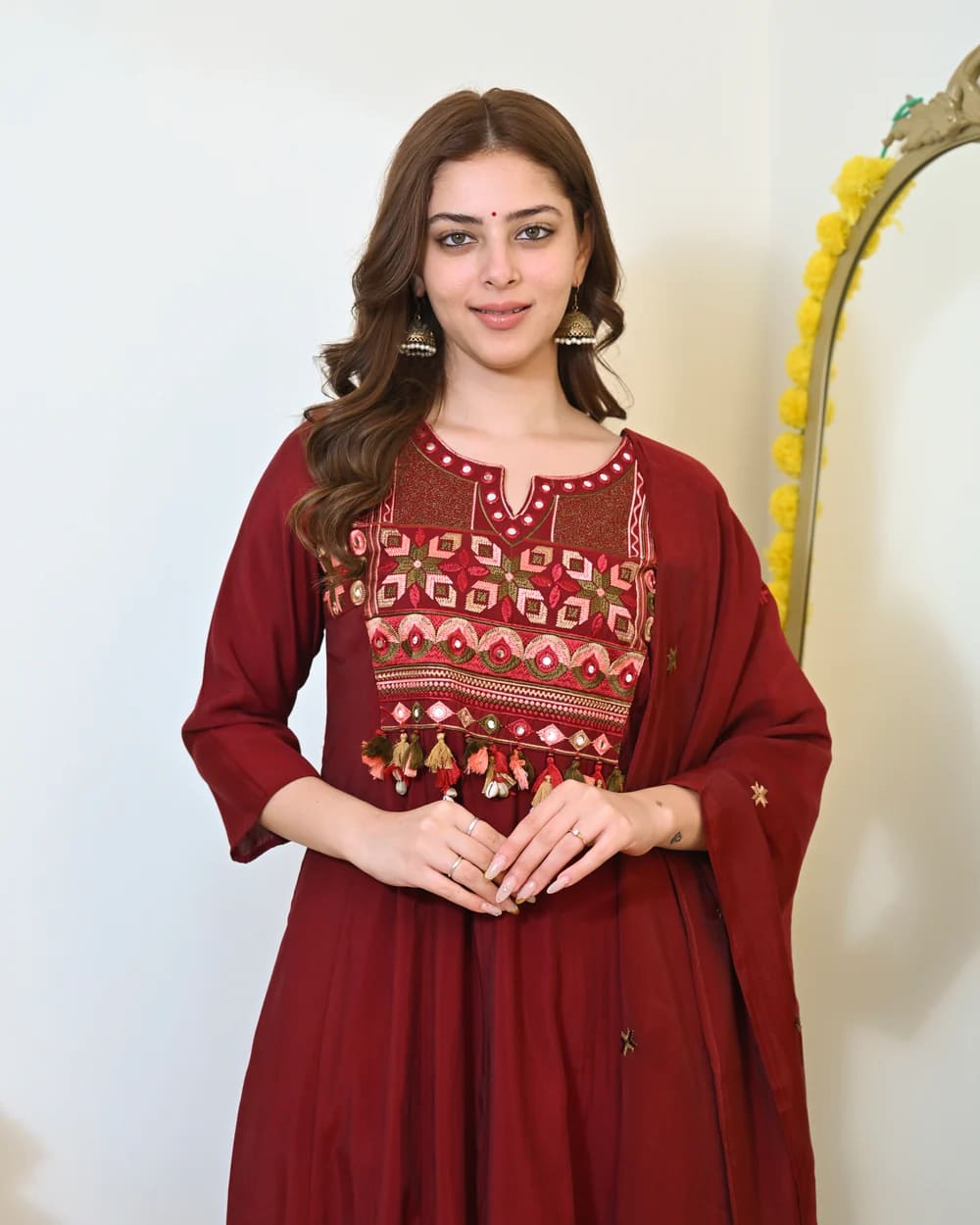 Designer Maroon Kurta Set with Dupatta & Pants