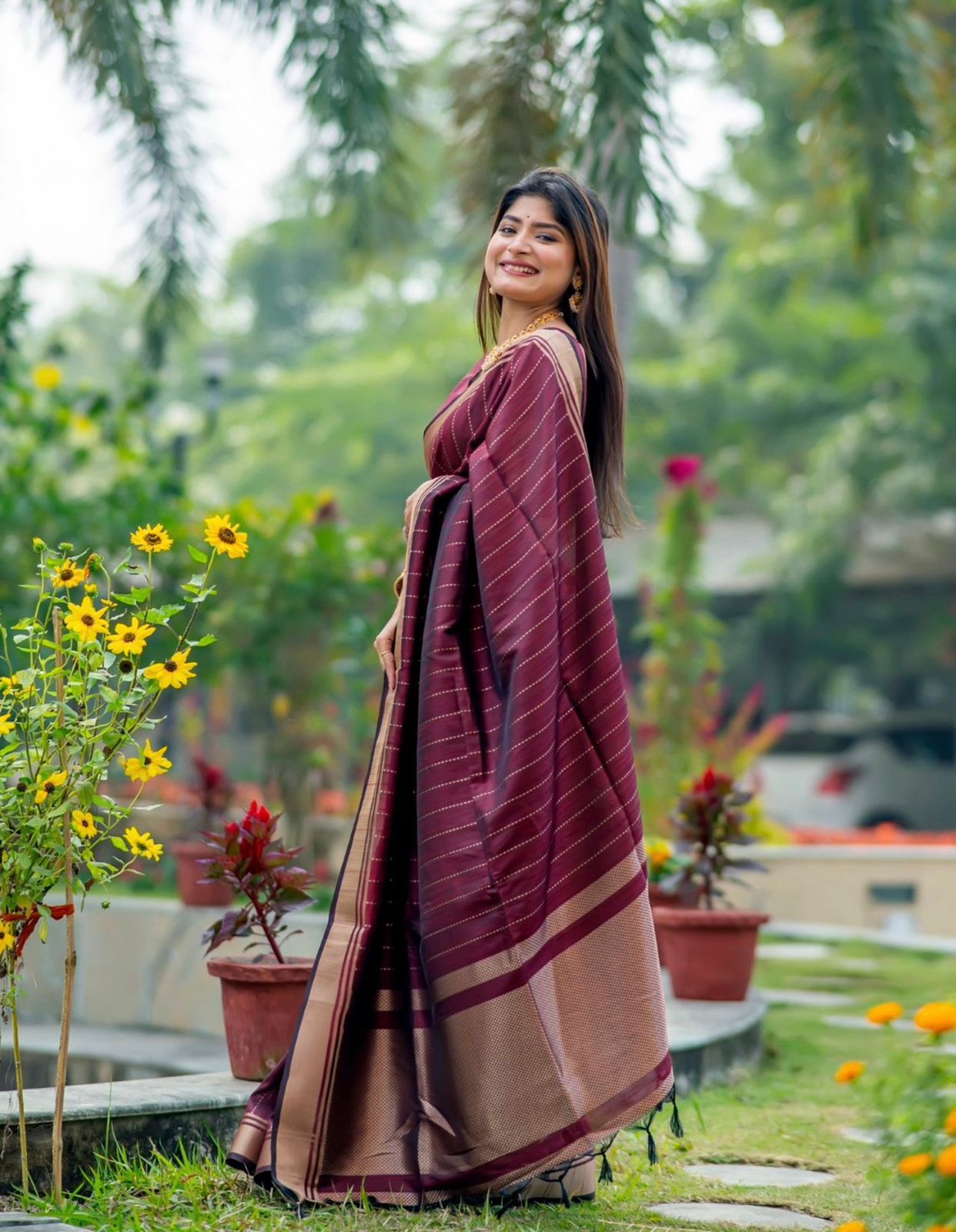 Maroon Silk Saree with Gold Border