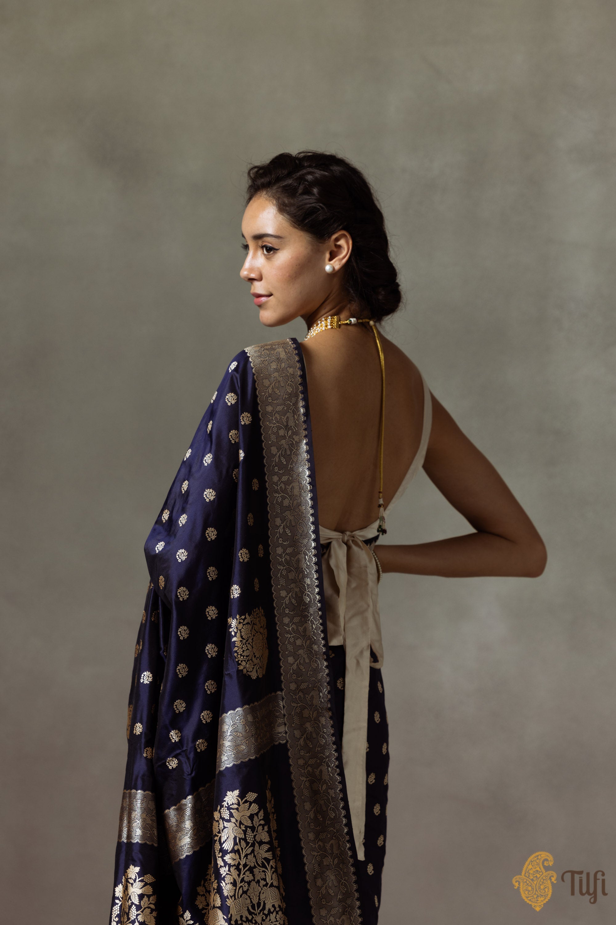 Blue Banarasi Silk Saree with Gold Zari Motifs & Border