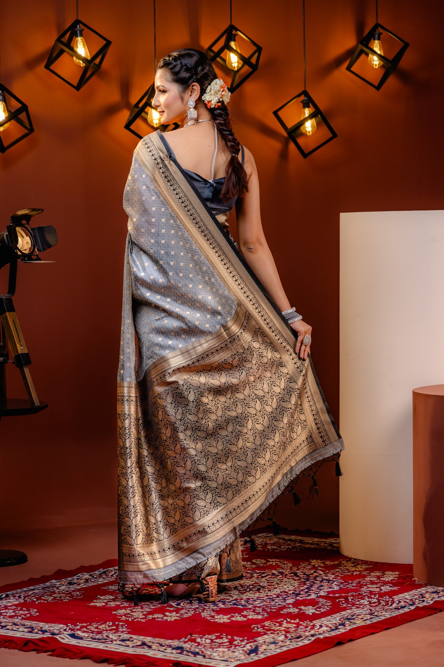 Grey Silk Saree with Gold Zari Border