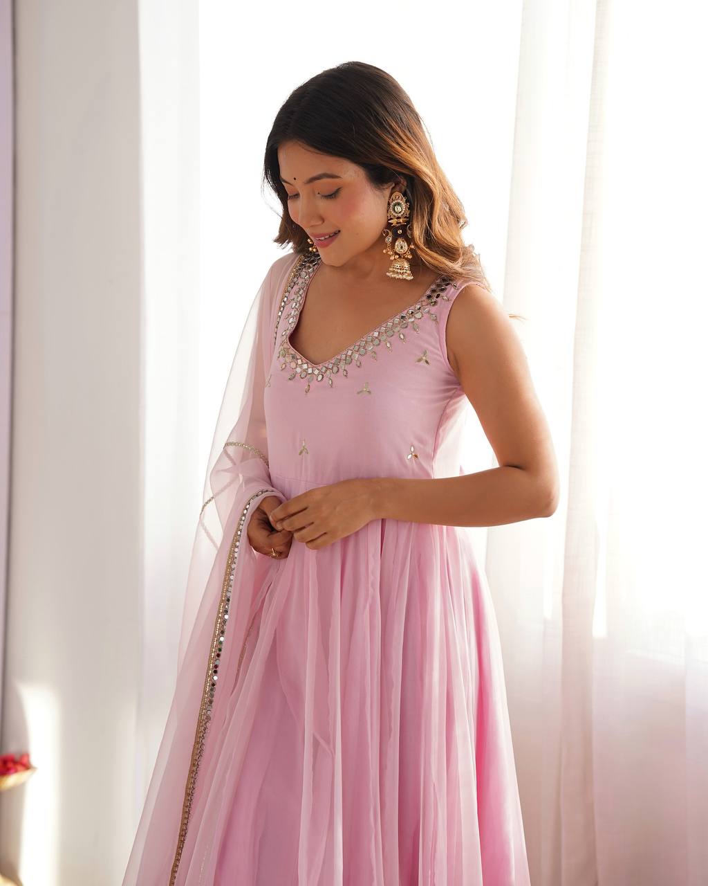 Pink Anarkali Gown for Women with Dupatta