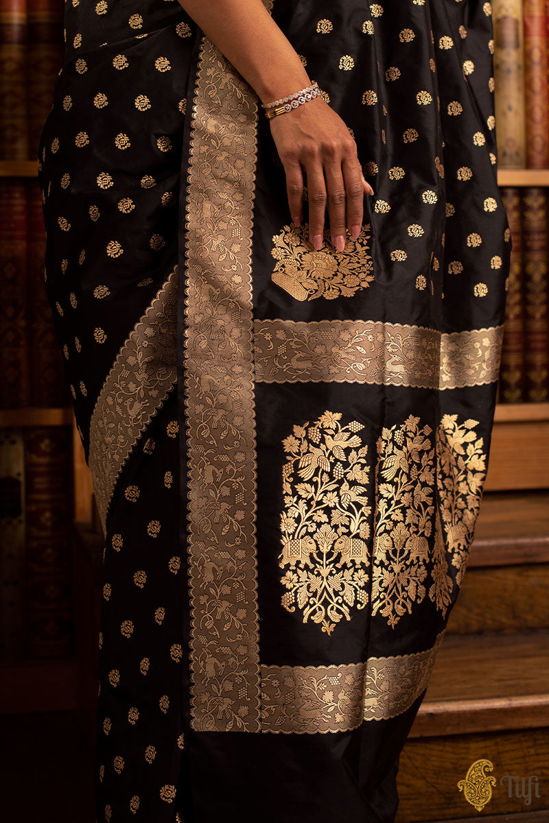 Black Banarasi Silk Saree with Gold Zari Border & Motifs