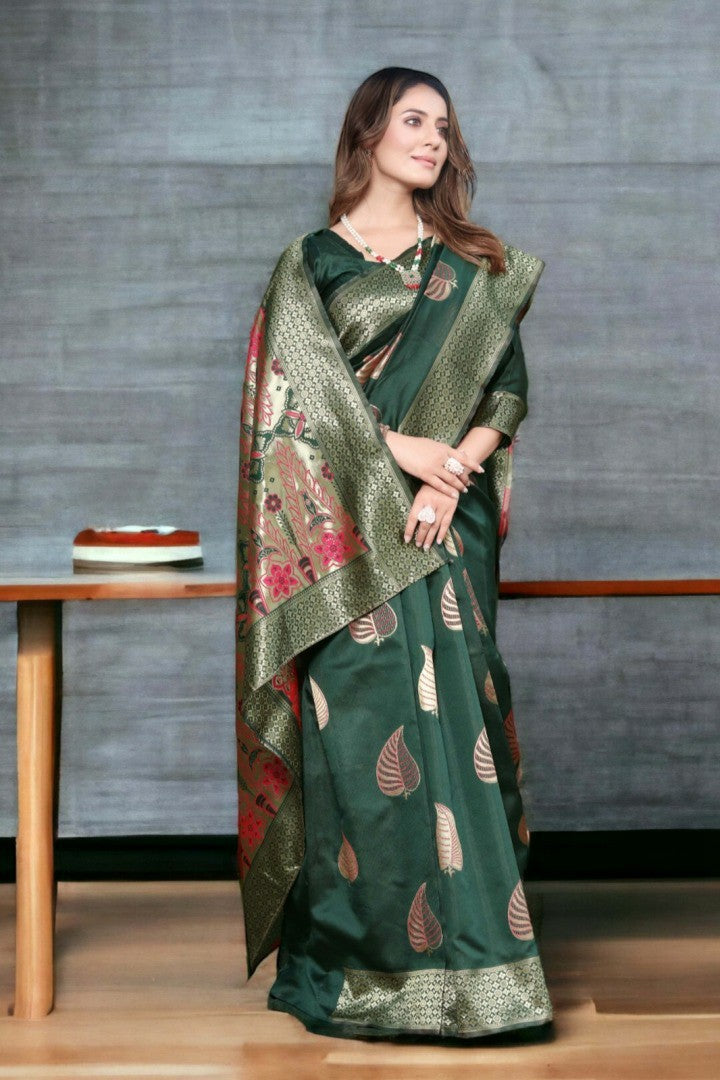 Dark Green Silk Saree with Gold Motifs & Floral Pallu
