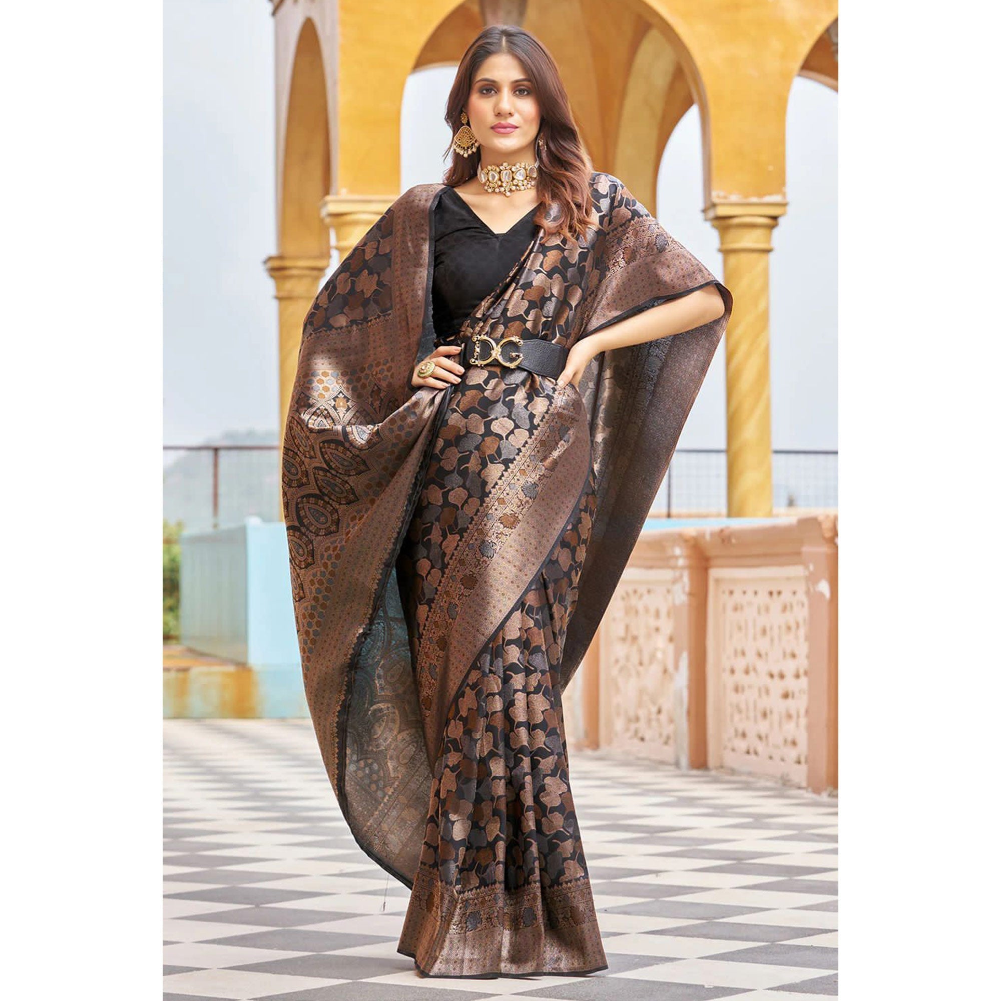Black & Gold Banarasi Silk Saree | Designer Wedding & Festive Saree for Women