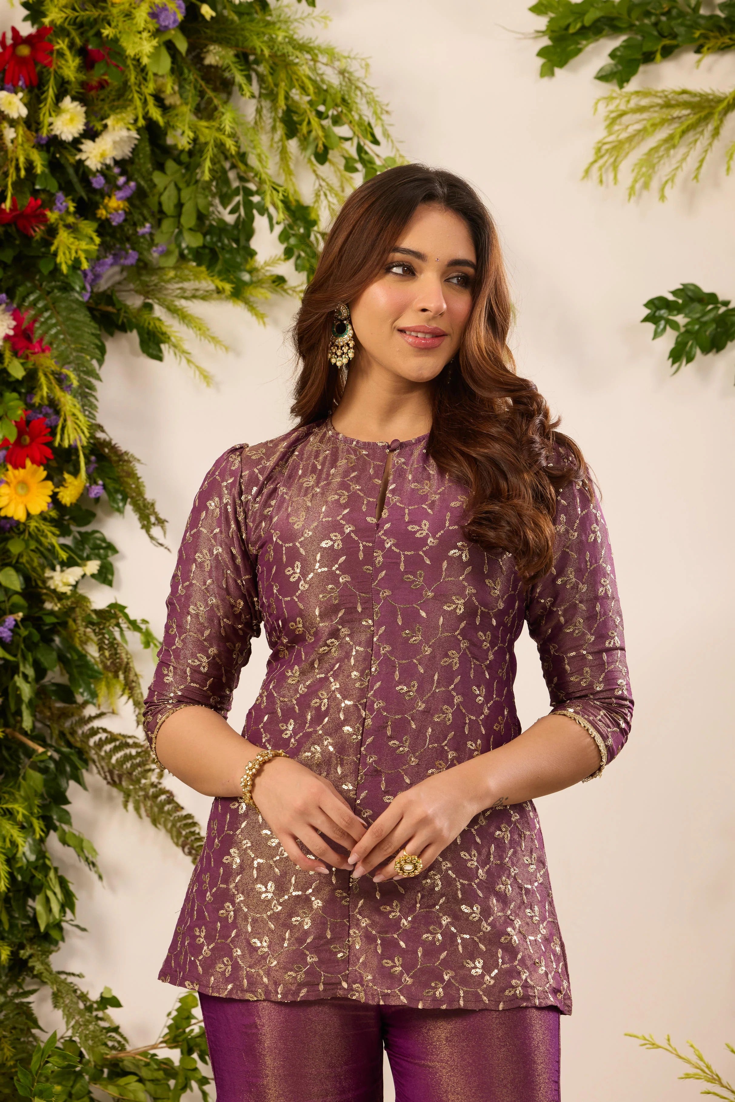 Elegant Purple Metallic Thread Embroidery Kurti with Wide-Leg Sharara Pants & Dupatta Set for Women