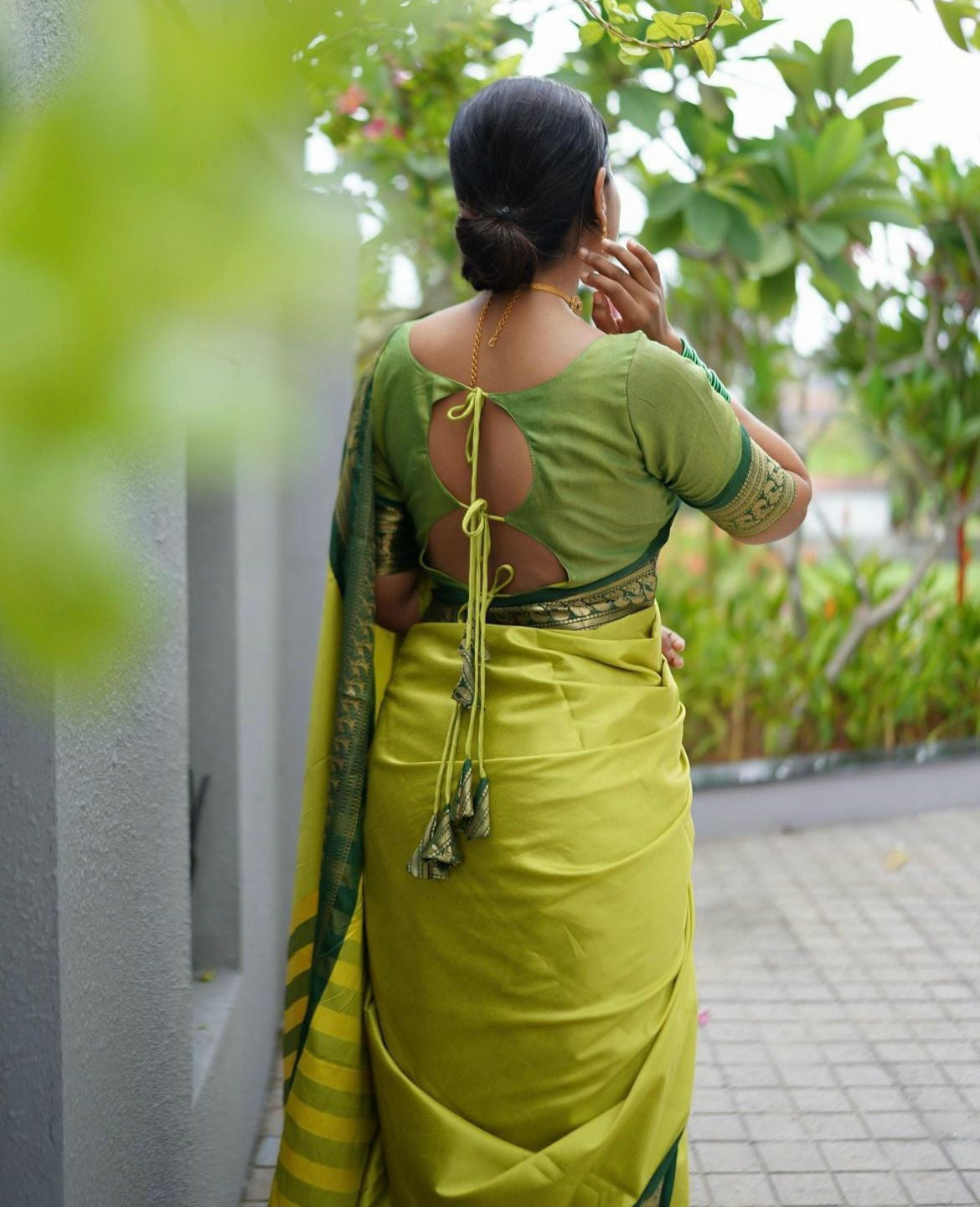Lime Green Silk Saree with Contrast Green Border & Gold Zari Weaving