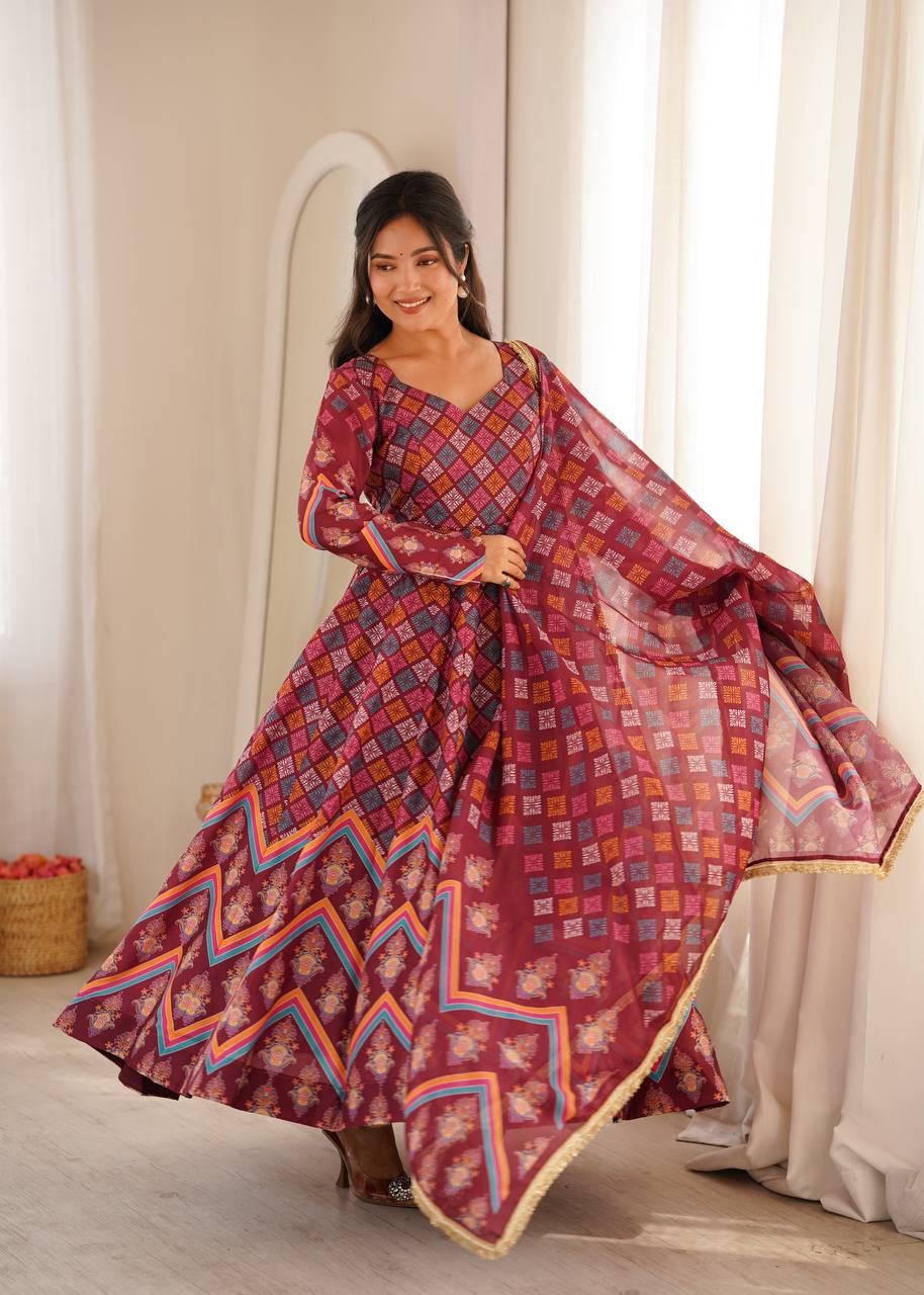 Maroon Geometric Printed Anarkali Suit Set with Dupatta