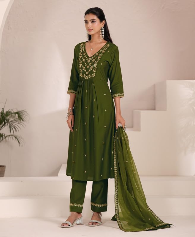 Olive Green Kurta Pant Set with Dupatta | Elegant Embroidered Ethnic Wear for Women