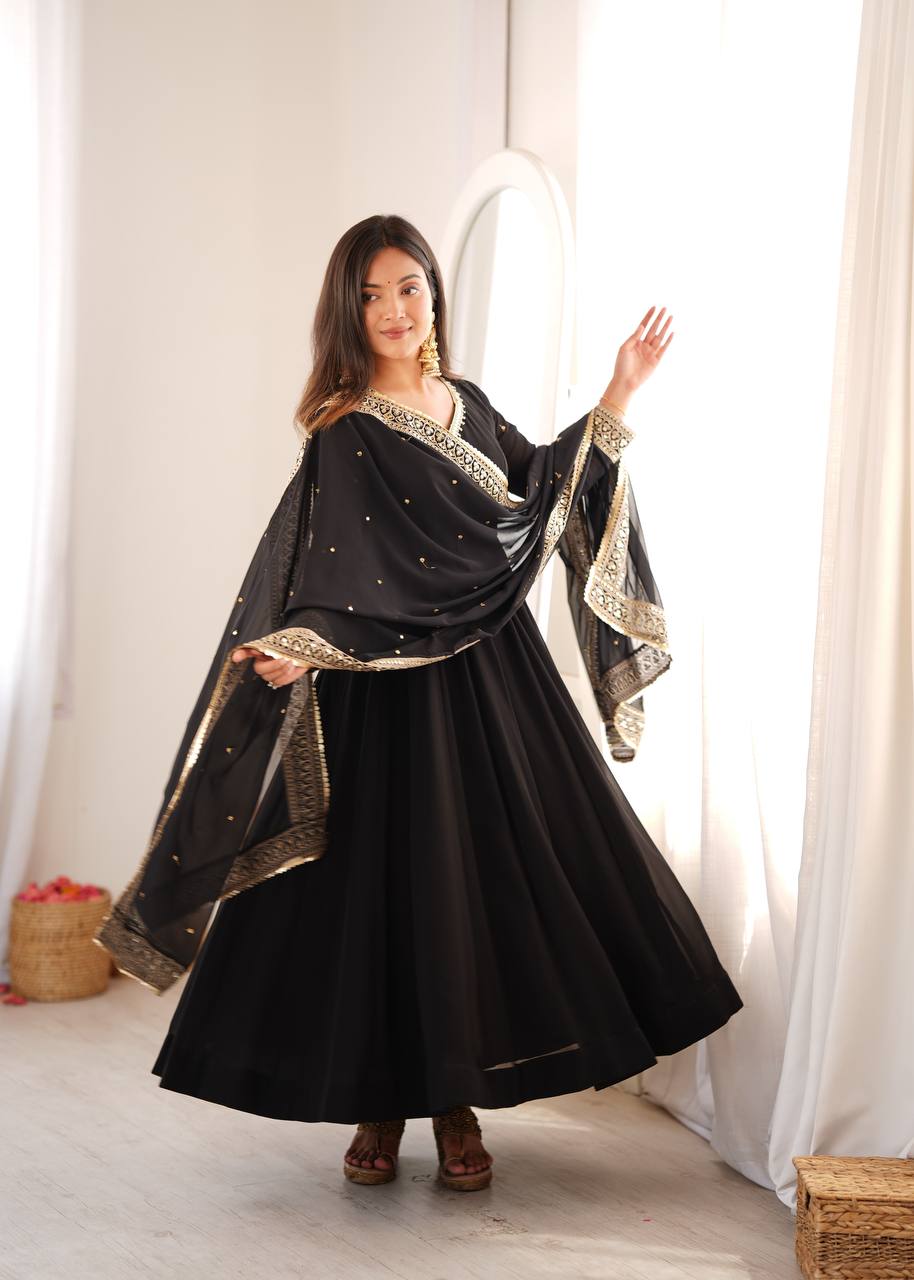 Solid Black Georgette Anarkali Suit Set with Embellished Mirror Lace Dupatta