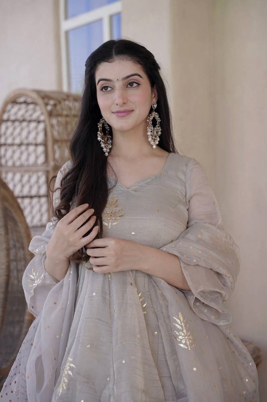 Sophisticated Grey Organza Peplum Kurti with Sharara & Sequined Dupatta Set for Women