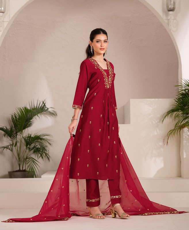 Red Embroidered Kurta Set with Dupatta for Women