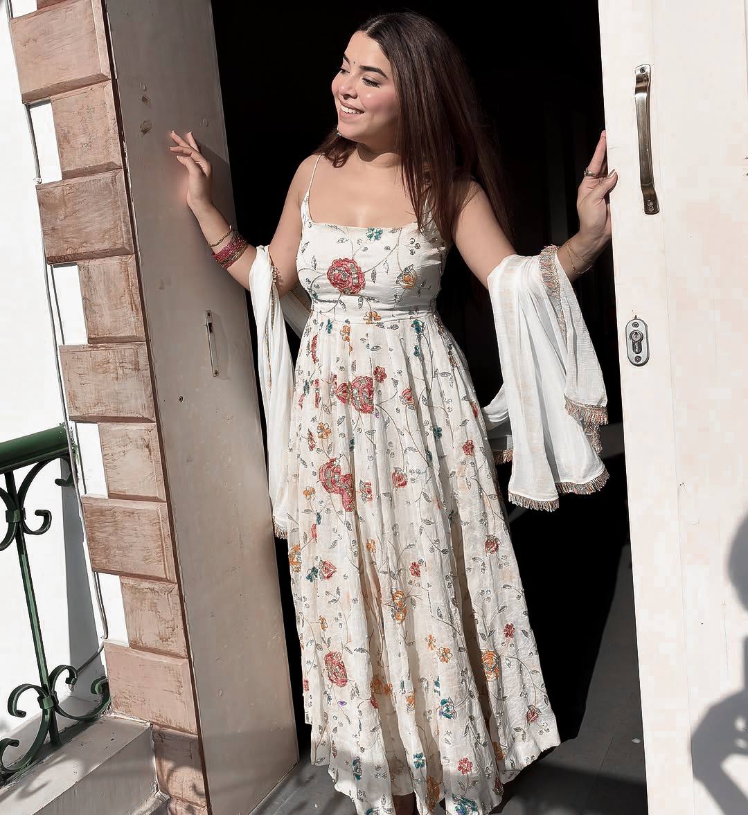 Off-White Floral Threadwork & Sequin Embroidered Strappy Anarkali Gown with Solid Dupatta Set for Women