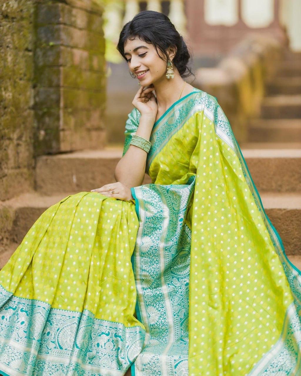 Lime Green & Teal Silk Saree with Zari Border | Festive & Wedding Wear Saree for Women