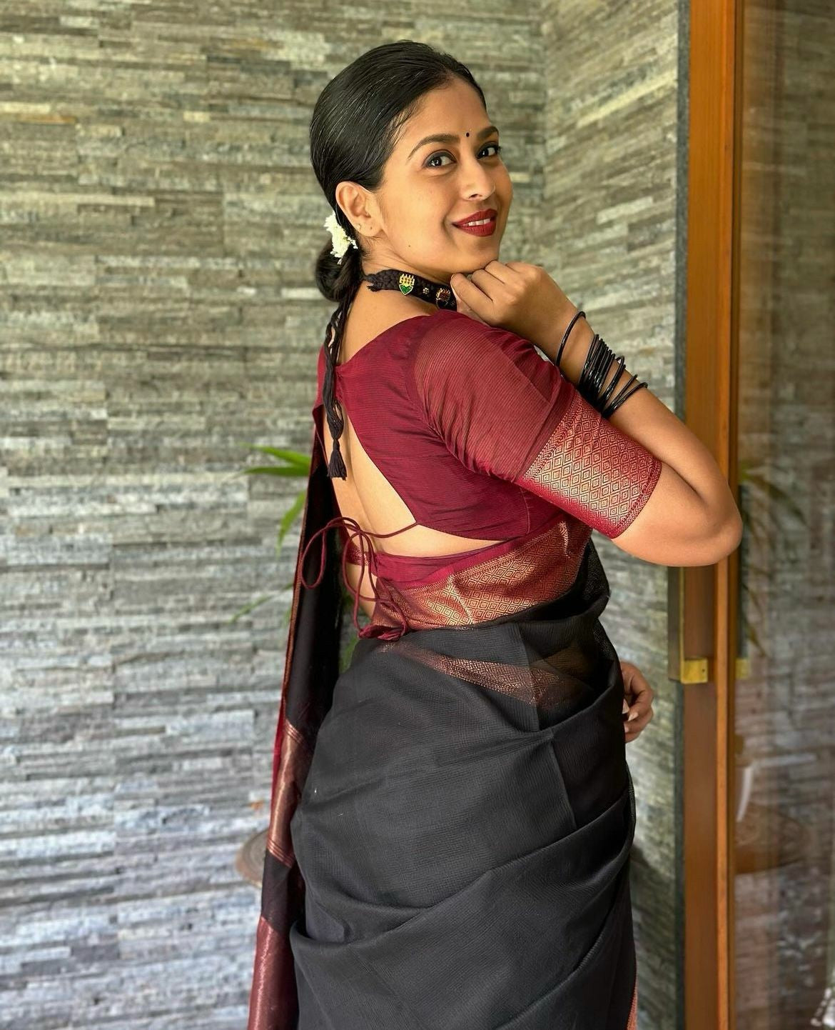 Black Silk Saree with Copper-Gold Border