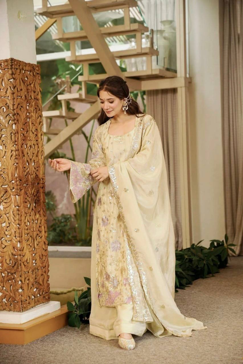 Ethereal Cream & Pastels Sequined Floral Embroidered Silk Kurta with Wide Palazzo Pants & Embellished Dupatta Set for Women
