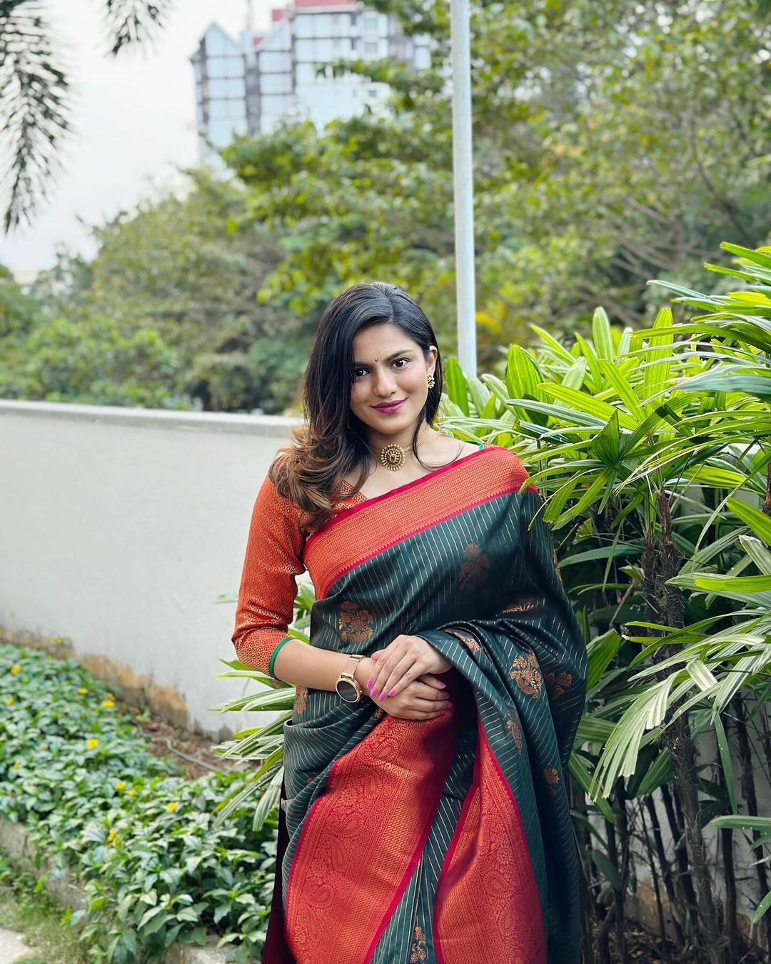 Dark Green Silk Saree with Red & Gold Border